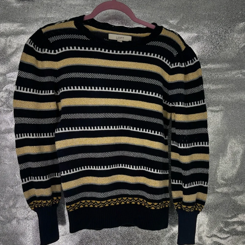 Loft Navy & Gold Striped Scallop Neck Sweater
